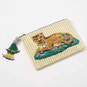 Anthropologie Purse NATHALIE LETE Pouch LEOPARD Cat Tassel BEADED Handbag NWT